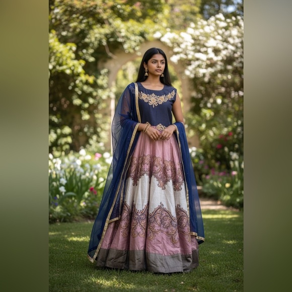 Indian Designer Navy Multicolored Printed Ankle Length Anarkali Suit - Picture 3 of 11